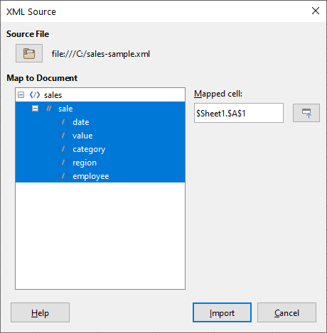 XML Source dialog (populated)