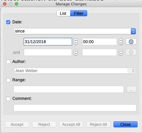 Manage Changes dialog – Filter tab