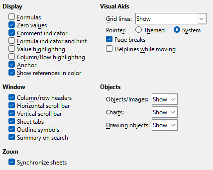 Selecting view options for Calc