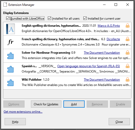 The Extensions dialog