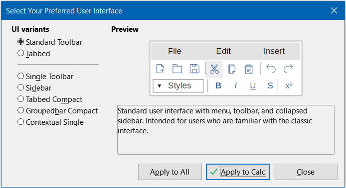 Select Your Preferred User Interface dialog