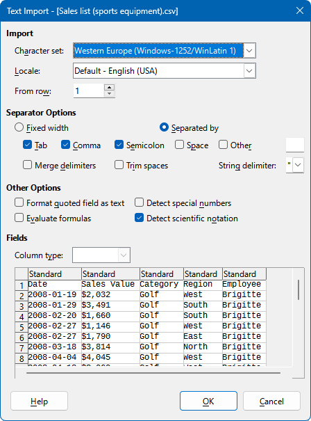 Text Import dialog