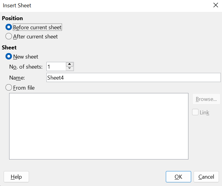 Insert Sheet dialog