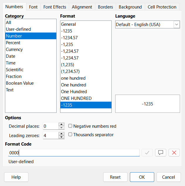 Format Cells dialog – Numbers tab