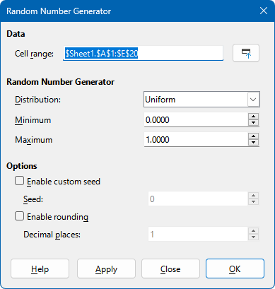 Random Number Generator dialog