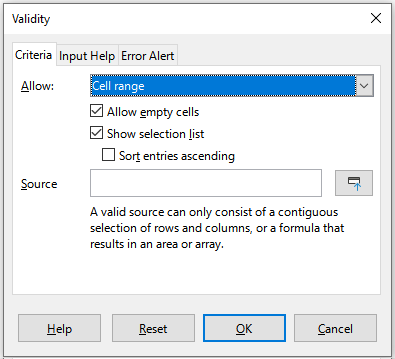 Validity dialog – Criteria tab