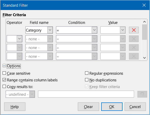 Standard Filter dialog