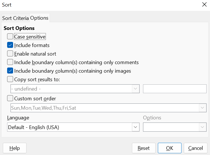 Sort dialog – Options tab