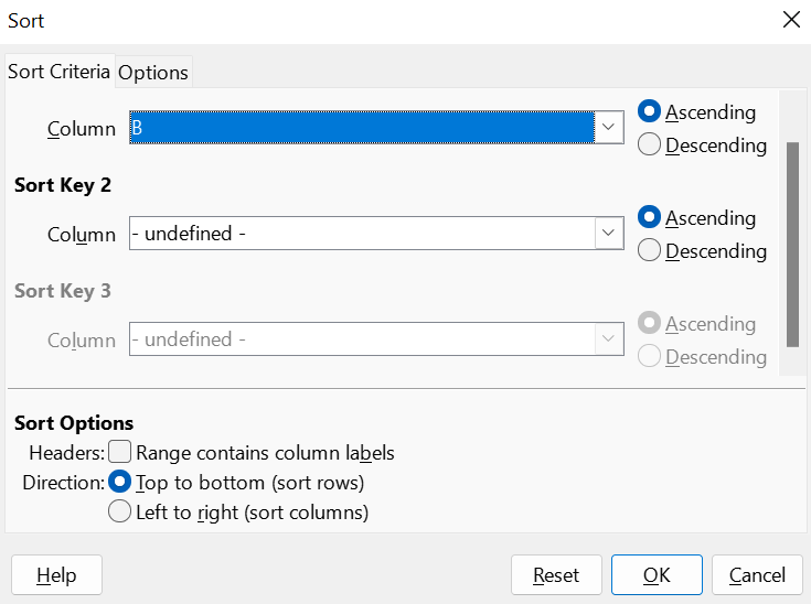 Sort dialog – Sort Criteria tab