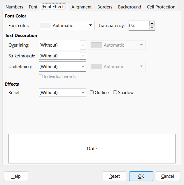 Format Cells dialog – Font Effects tab