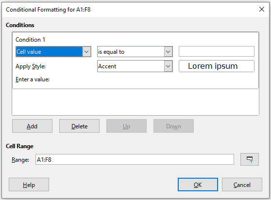 Conditional Formatting dialog – Cell value