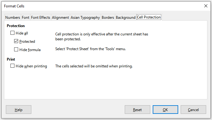 Format Cells dialog – Cell Protection tab