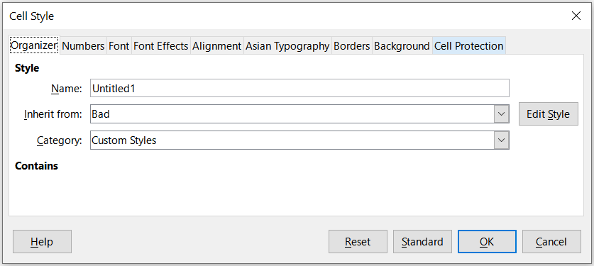 Cell Style dialog – Organizer tab