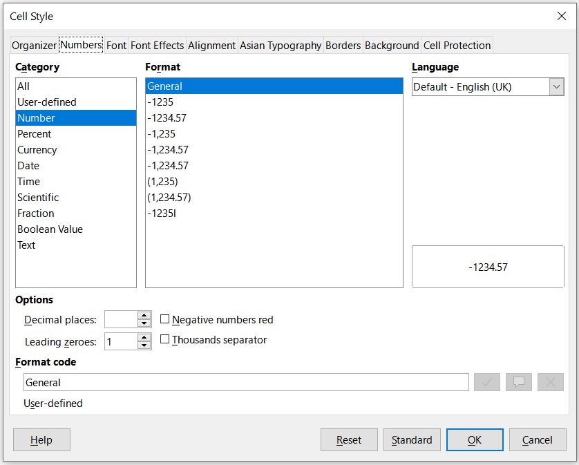 Cell Style dialog – Numbers tab