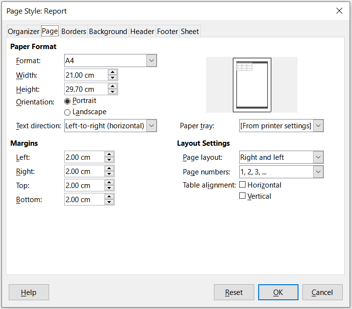 Page Style dialog – Page tab