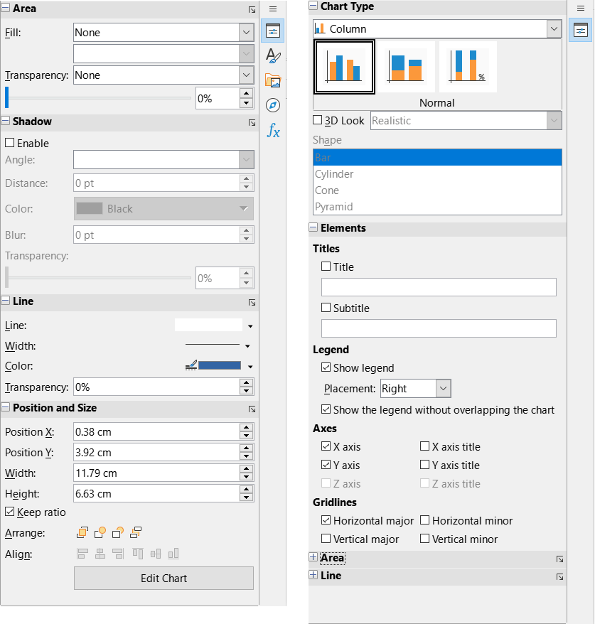 Sidebar Properties deck with chart selected (left) and in edit mode (right)