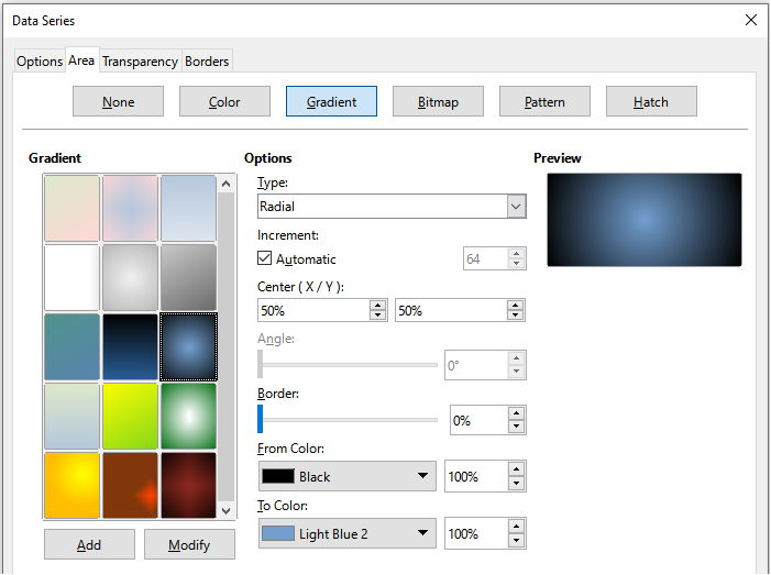 Data Series dialog – Area tab, Gradient page