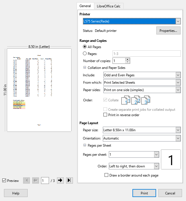 Print dialog – General tab