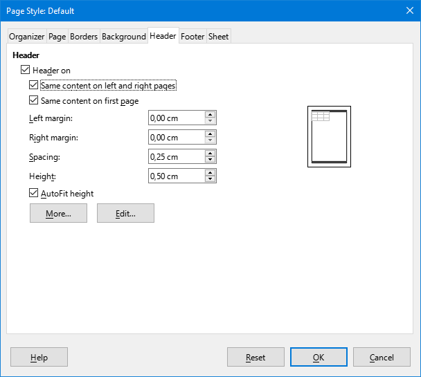 Page Style dialog – Header tab