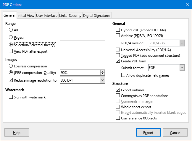 PDF Options dialog – General tab