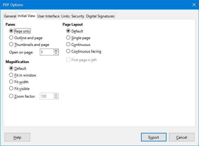 PDF Options dialog – Initial View tab