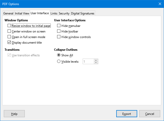 PDF Options dialog – User Interface tab