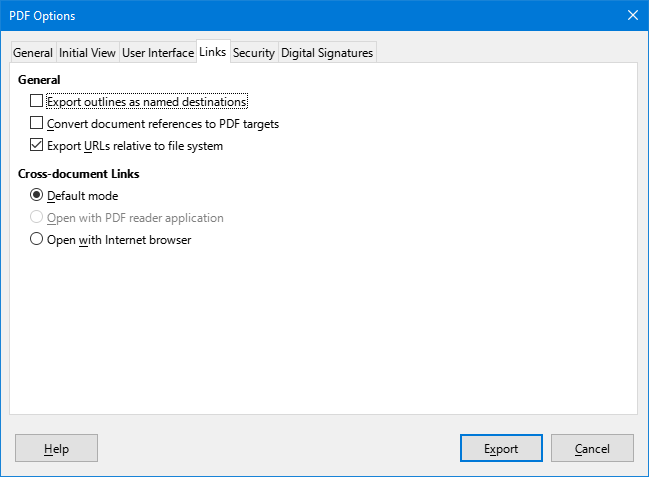 PDF options dialog - Links tab