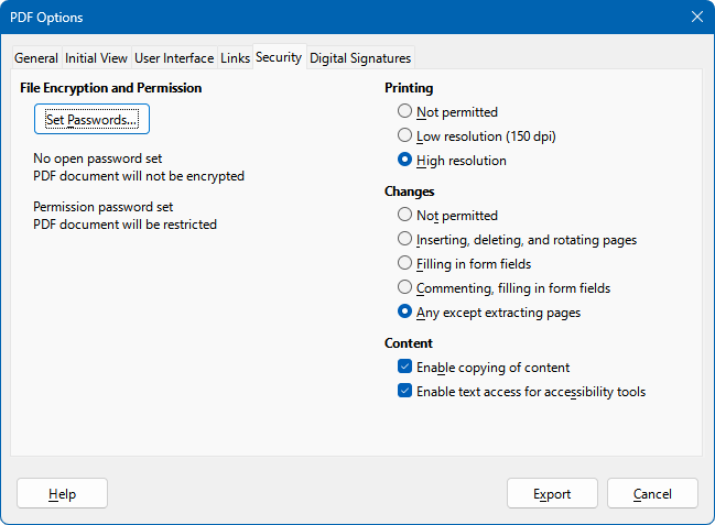 PDF Options dialog – Security tab