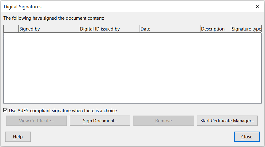 Digital Signatures dialog