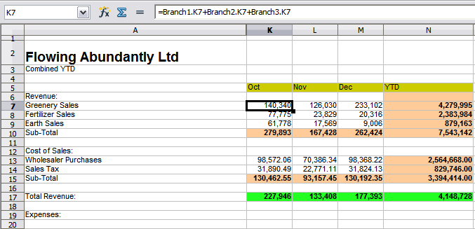 Combined sheet showing linking between branch sheets