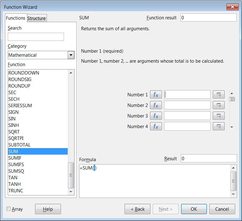 Functions tab of Function Wizard