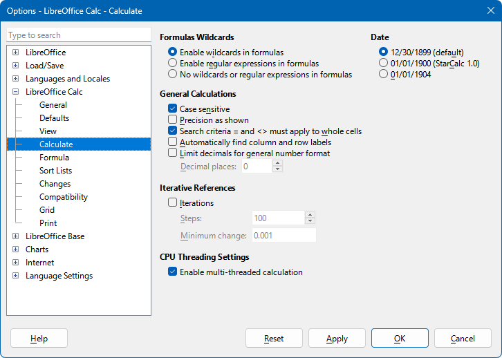 Tools > Options > LibreOffice Calc > Calculate dialog