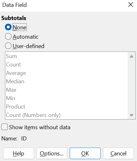 Data Field dialog for a row or column field