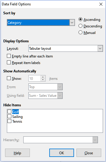 Data Field Options dialog