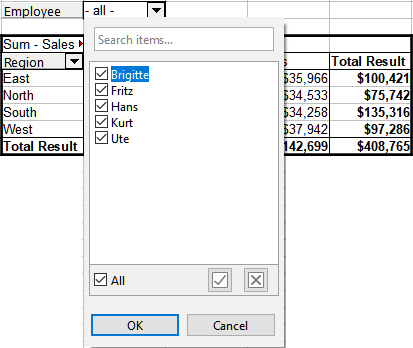 Filter field filtering dialog