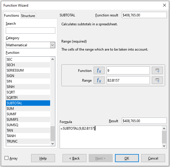 Function Wizard dialog