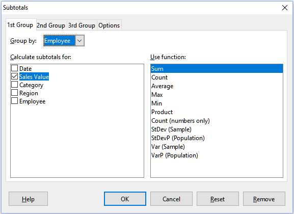 Subtotals dialog