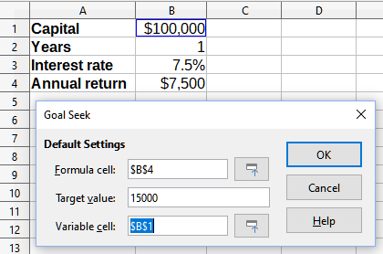 Example setup for goal seek