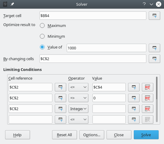 Solver dialog