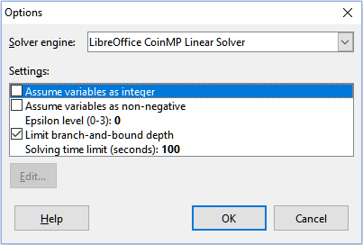 Solver Options dialog