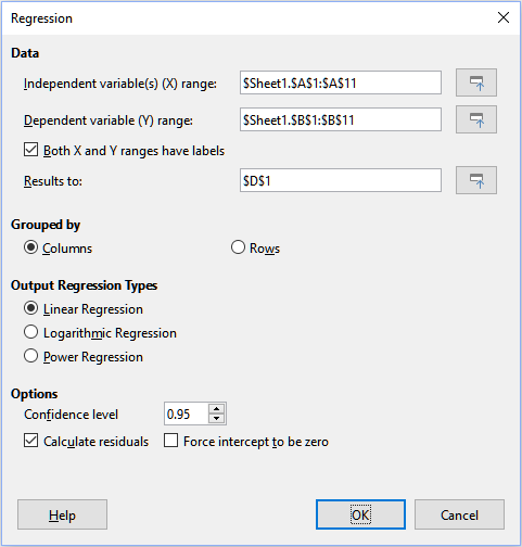 Regression dialog