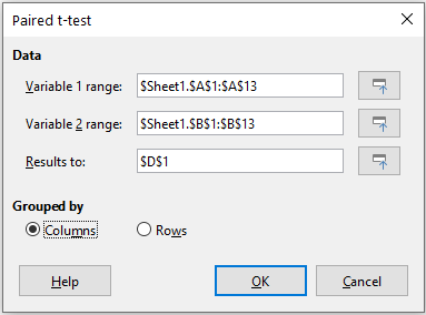 Paired t-test dialog