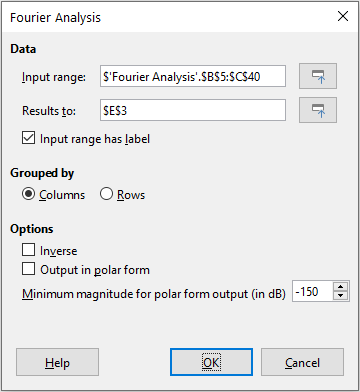 Fourier Analysis dialog