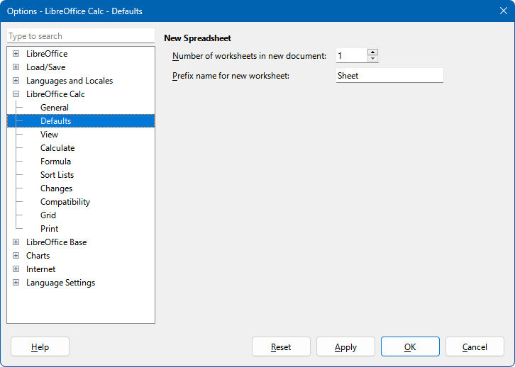 Options > LibreOffice Calc > Defaults dialog