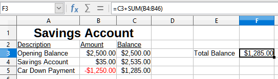 Selecting the Savings Account reference cell