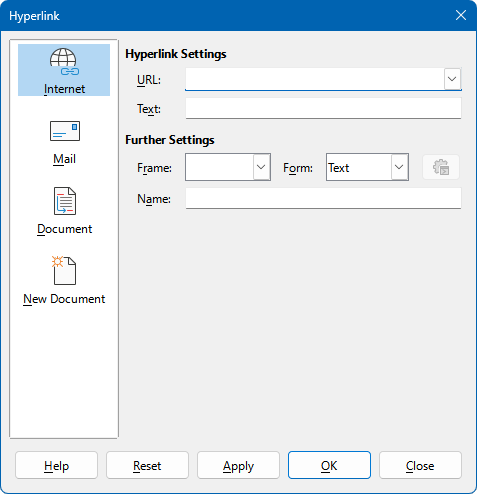 Hyperlink dialog showing details for the Internet category