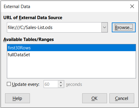 External Data dialog