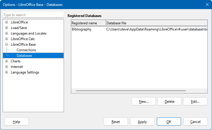 Options – LibreOffice Base – Databases dialog