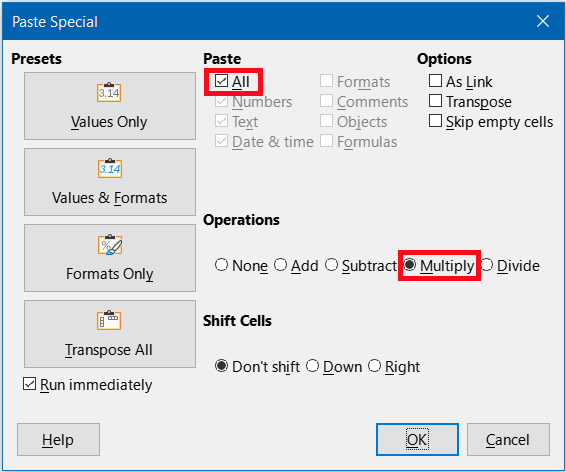 Paste Special dialog