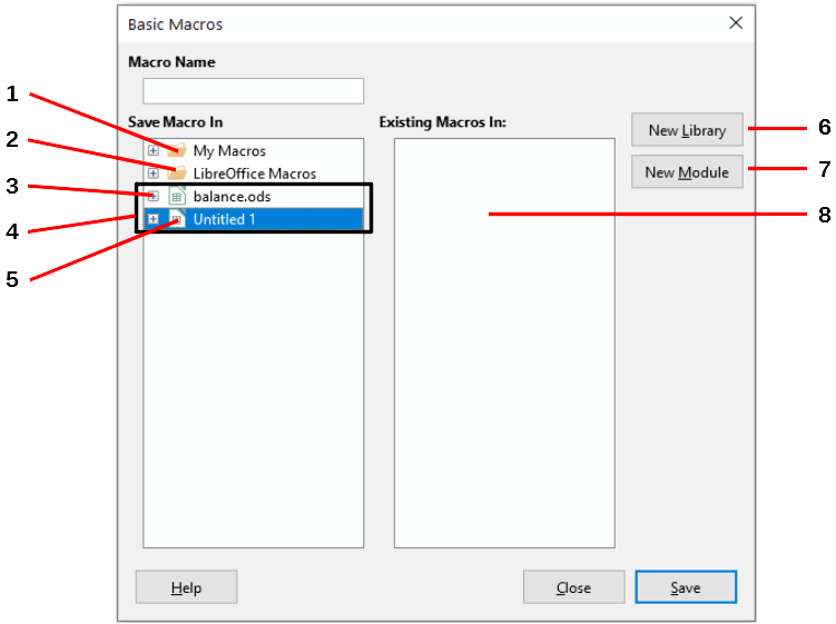 Parts of the Basic Macros dialog